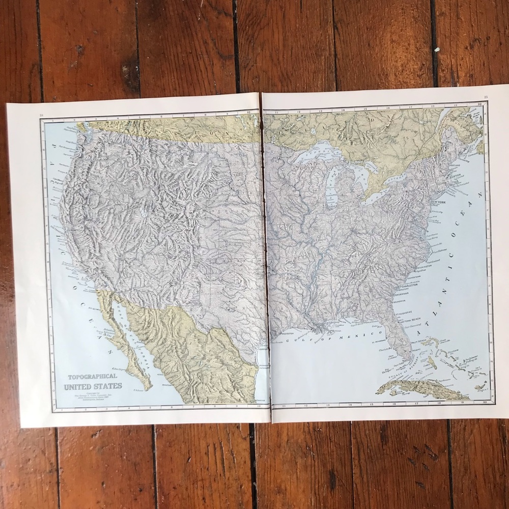Topographical US Map/US Elevations Map Vintage